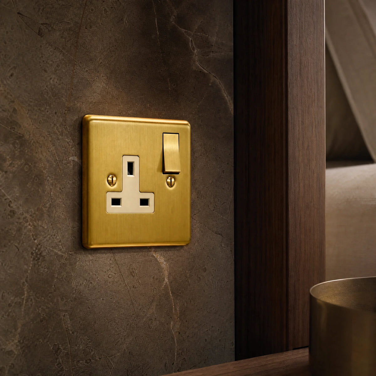 VORELLI® Victorian Single Socket, close view beside bedroom or living-room joinery in an interior visualisation.
