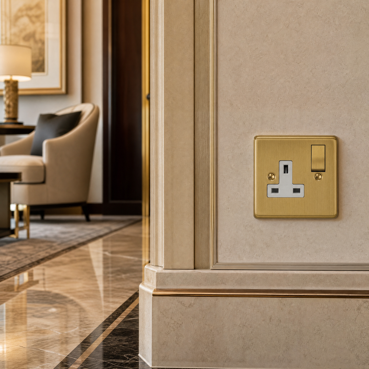 VORELLI® Victorian Single Socket, close view beside bedroom or living-room joinery in an interior visualisation.