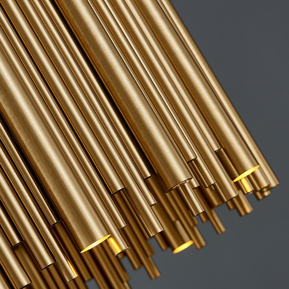 Detailed view of rectangular chandelier structure with layered cylindrical tubes for luxury lighting