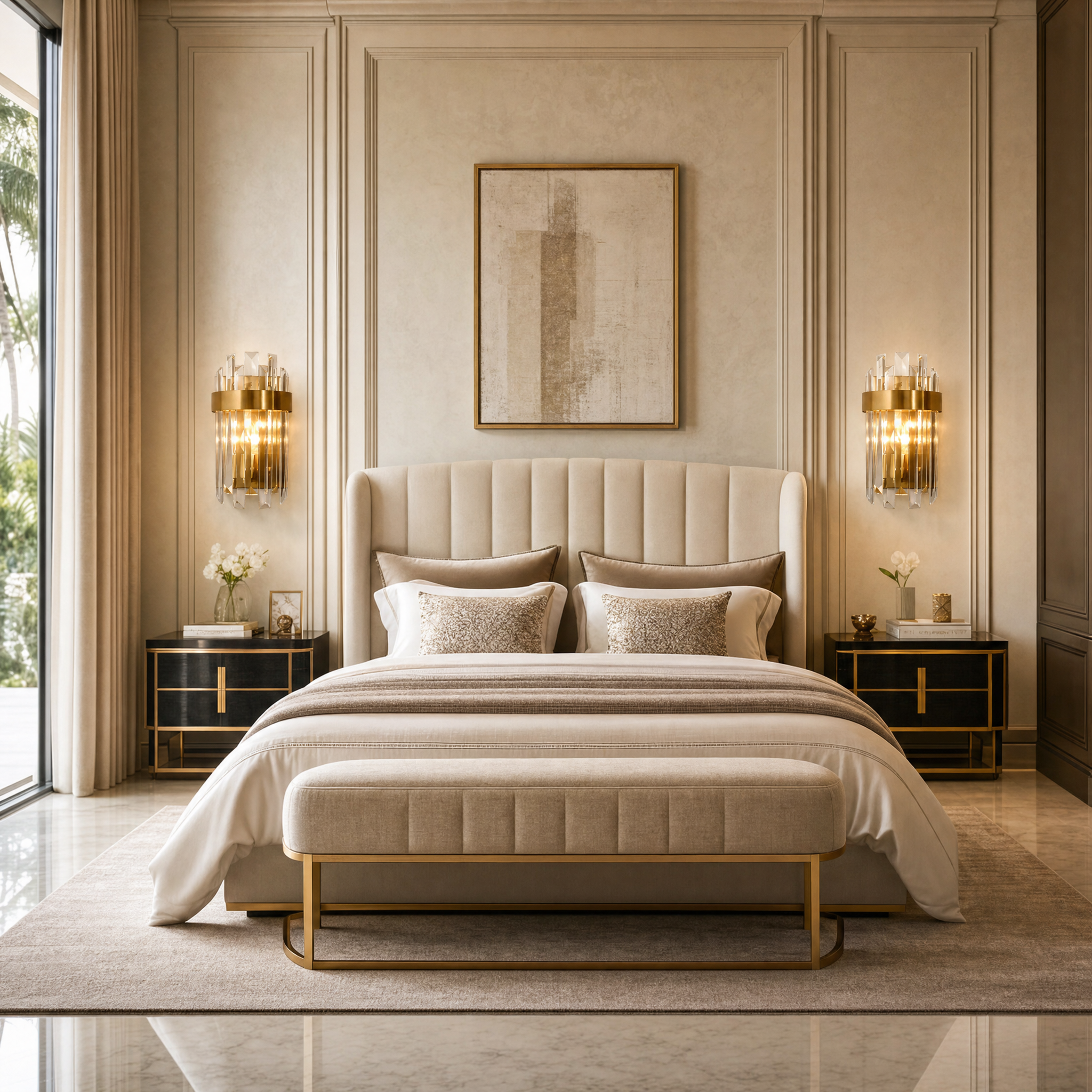 The VORELLI Williston wall light illuminating a luxury residential living room, showcasing its sleek stainless steel frame and crystal bars against a modern accent wall.