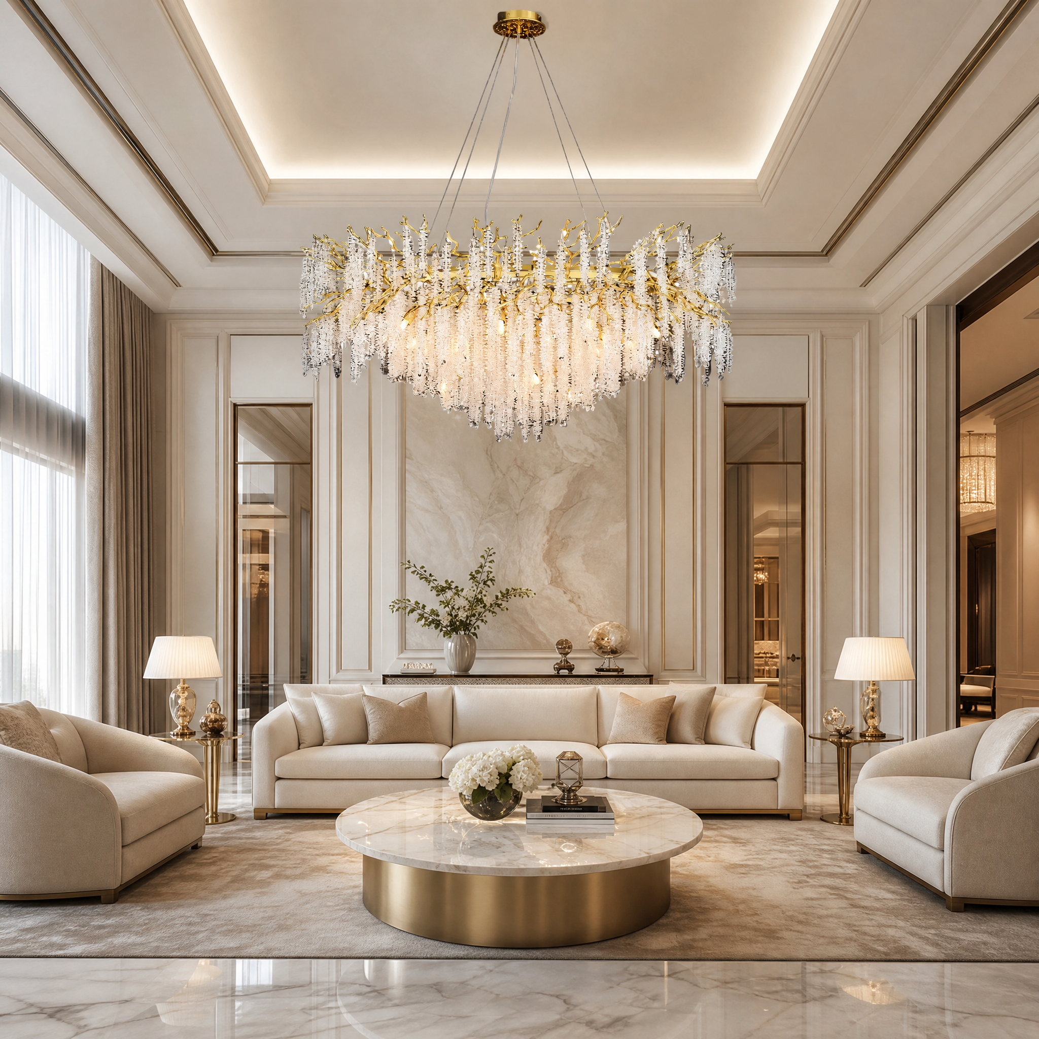 VORELLI Wisteria Circular Chandelier hung above a luxury residential dining table, creating an elegant and refined ambiance.