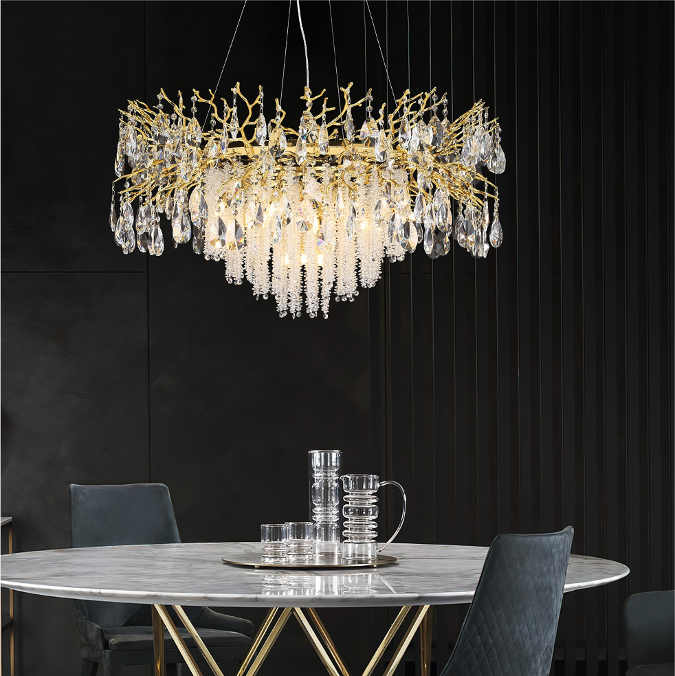 Wisteria Dewdrop circular chandelier above luxury dining table in contemporary interior