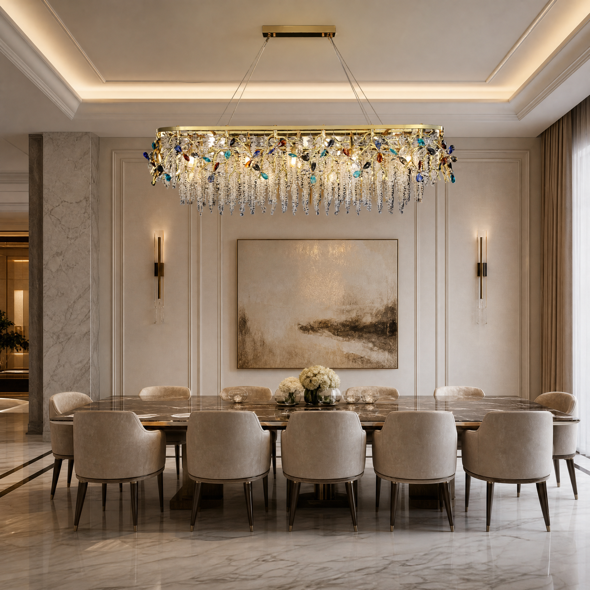 The VORELLI Wisteria Rectangular Chandelier III casting an elegant, atmospheric glow over a luxury residential dining room setting.