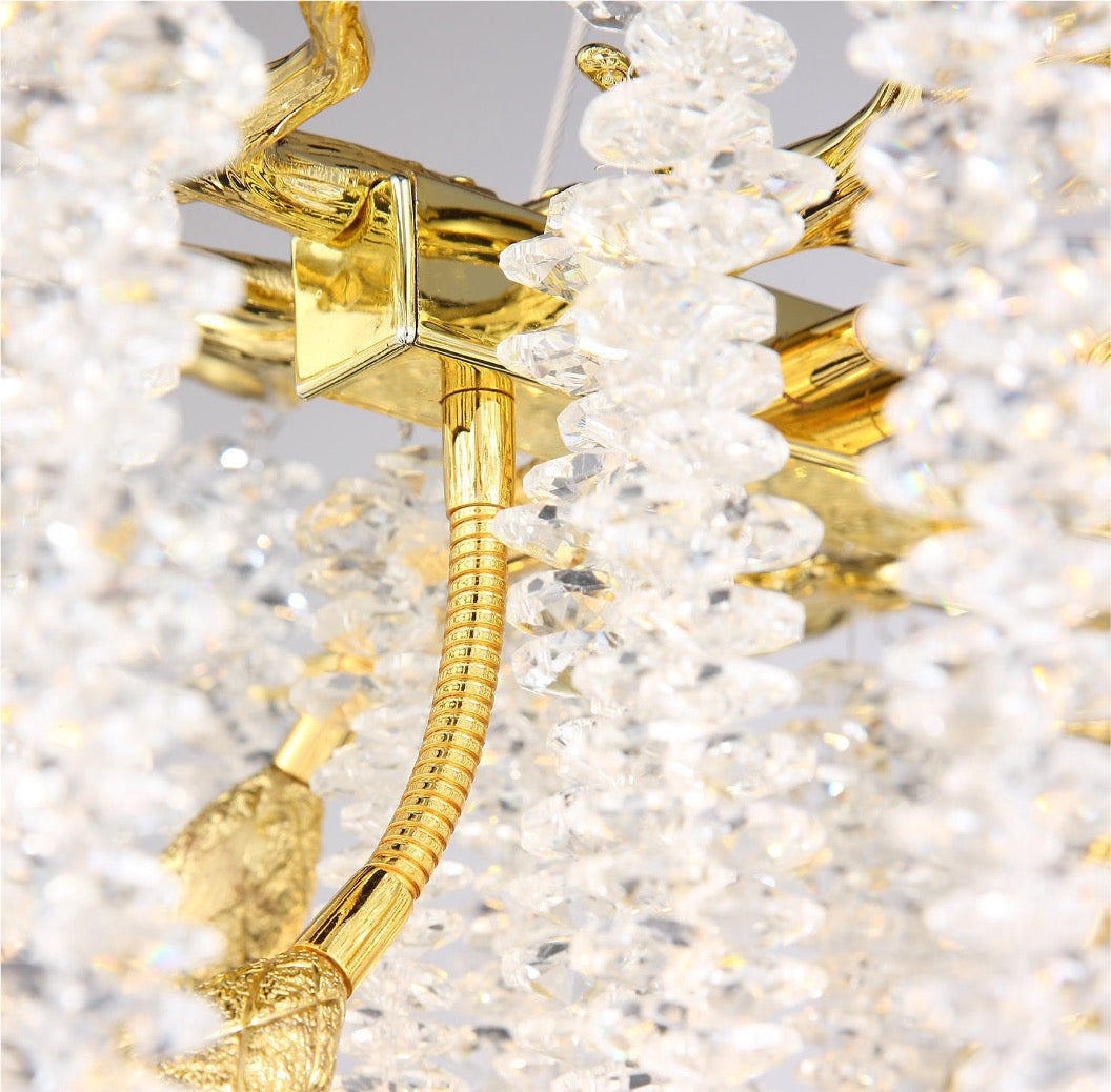 Sculptural metal framework and crystal detailing on a luxury rectangular chandelier