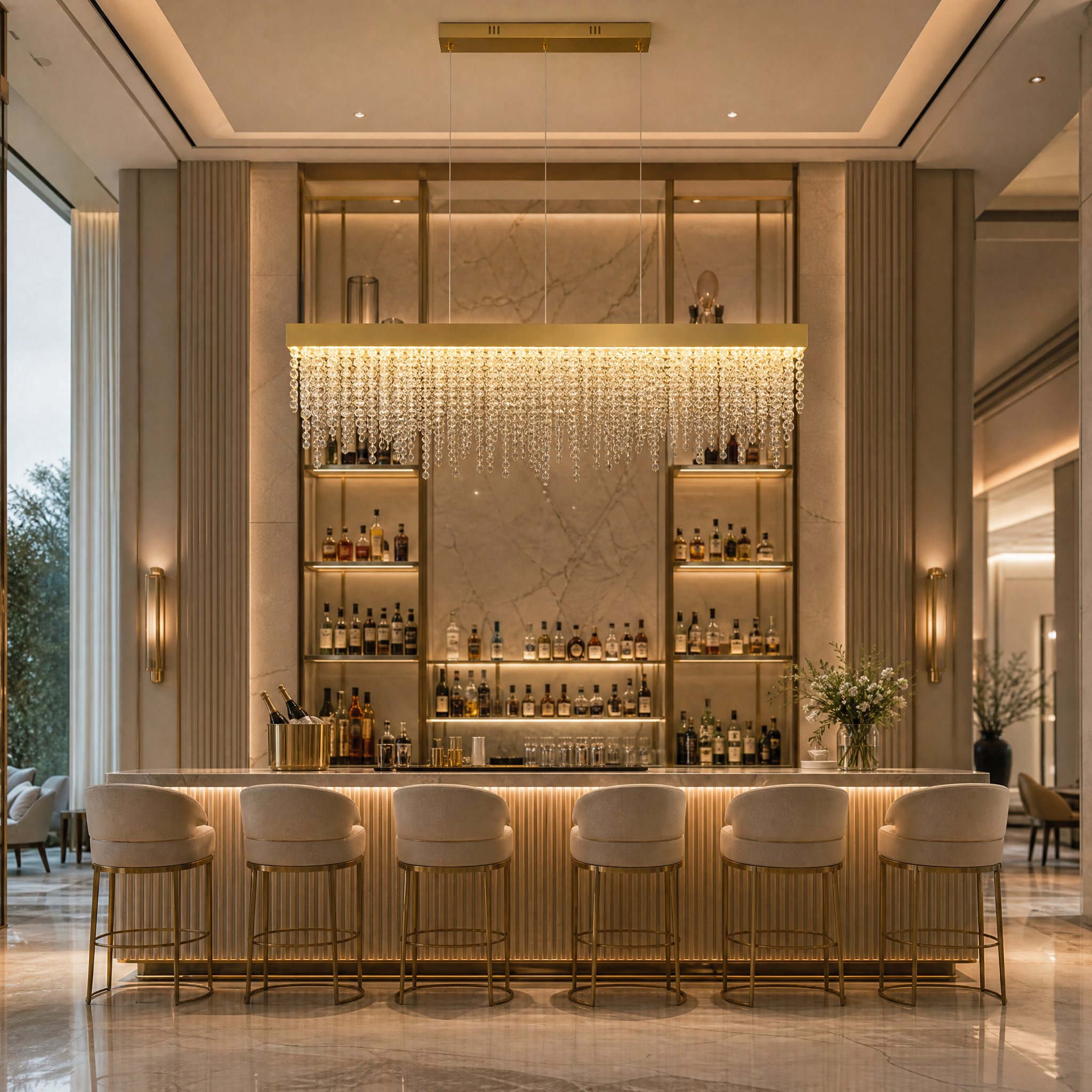 A grand hospitality setting featuring the Westminster rectangular stainless steel chandelier by VORELLI, creating an upscale, architectural statement lighting display.
