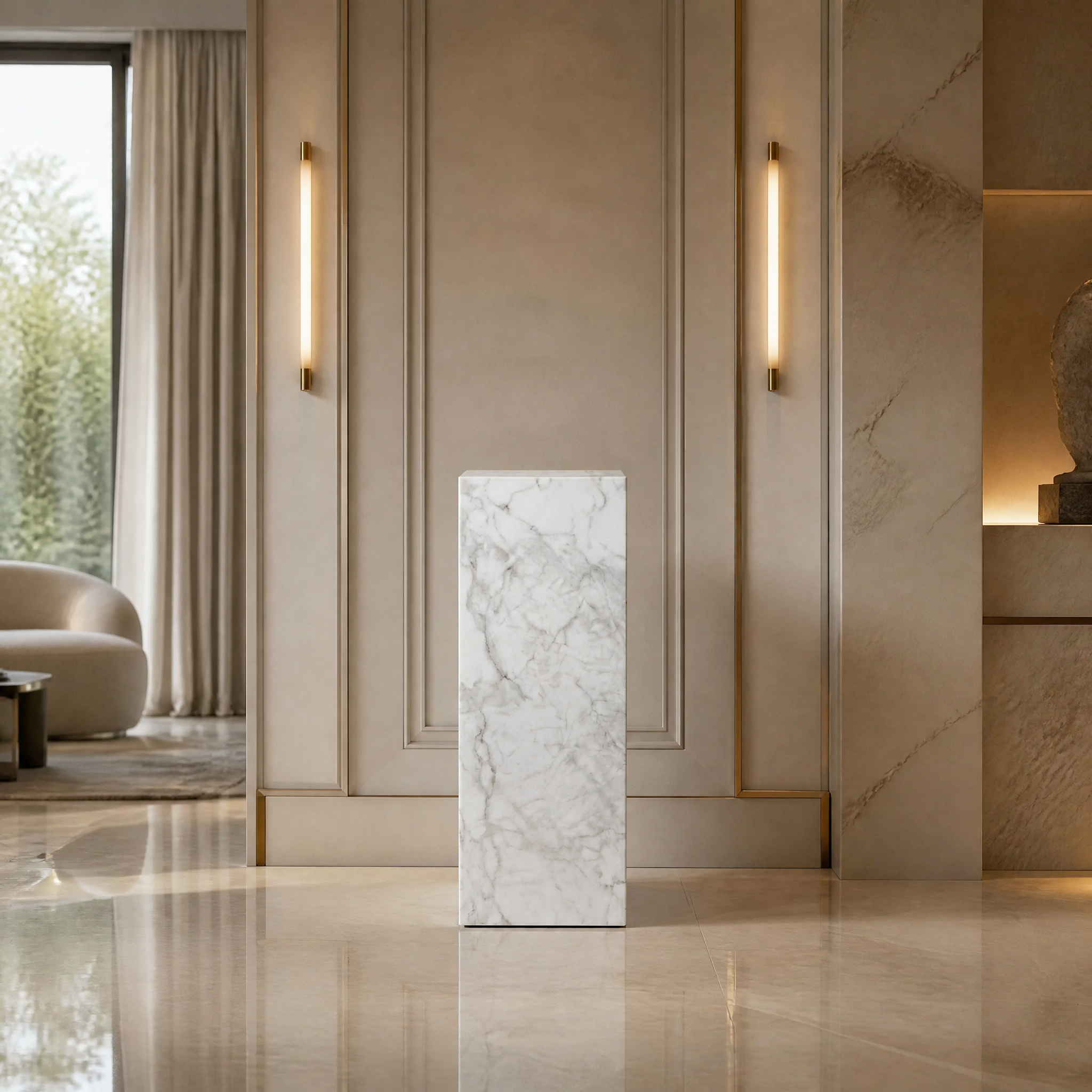 Luxury residential living room featuring a White Carrara Marble Pedestal Stand by VORELLI elevating a minimalist ceramic vase near a sunlit window.