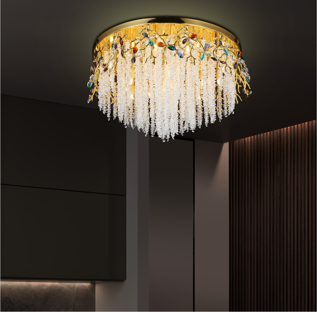 Wisteria crystal ceiling light creating refined ambient lighting in a luxury interior setting