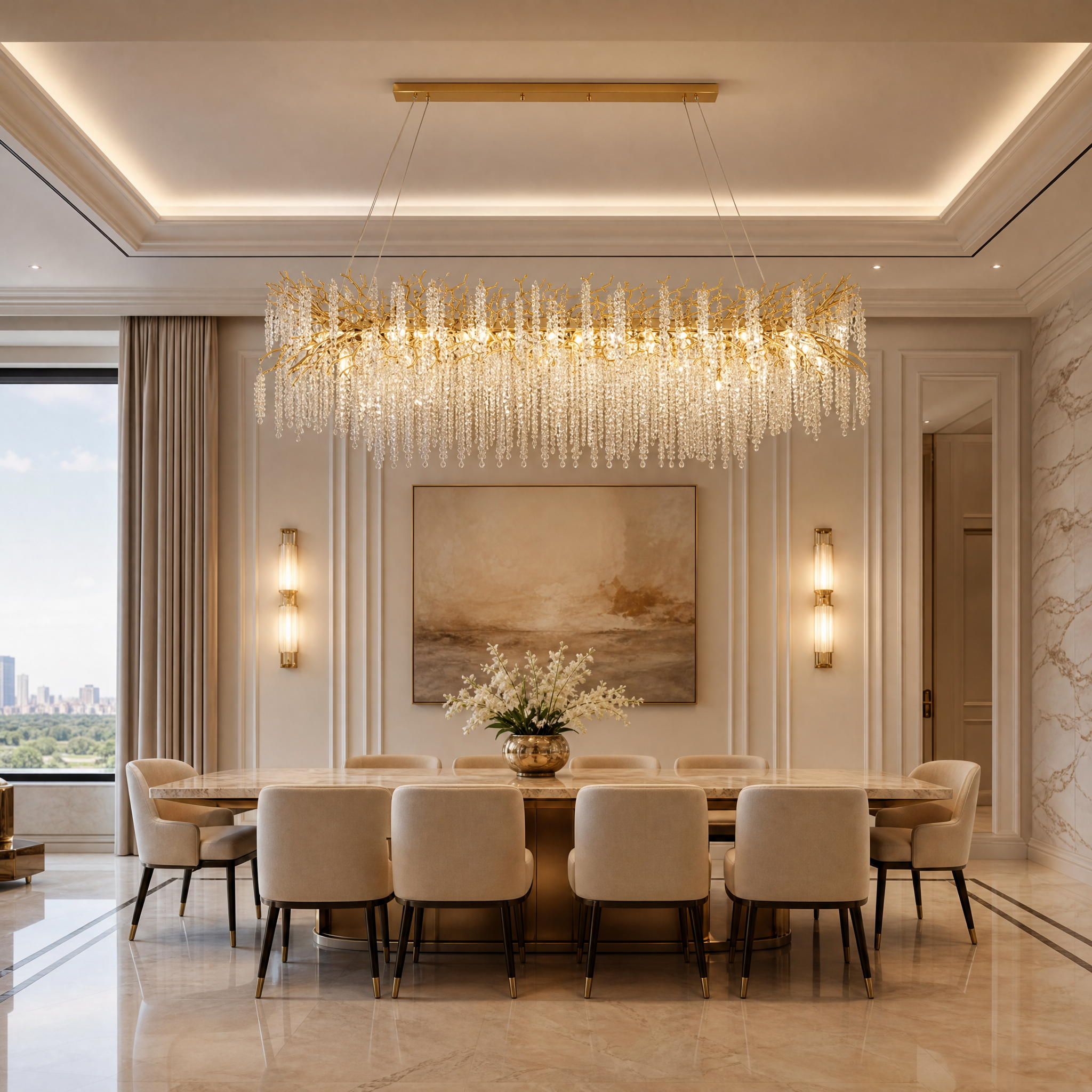 VORELLI Wisteria Rectangular Chandelier II illuminating a luxury residential dining space with cascading crystal strands above a modern table.